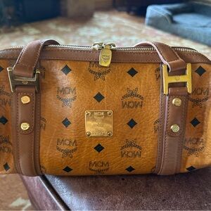 MCM Cognac Leather Satchel with Monogram